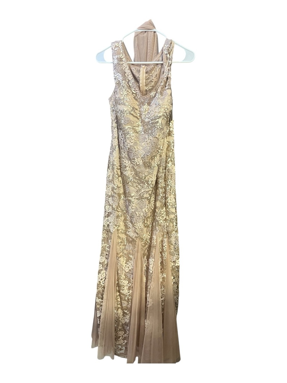 Alex Evenings Gold Lace & Nude Tulle Maxi Dress